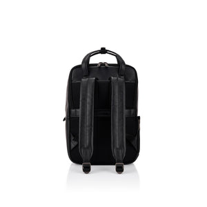 Black backpack shown from the back view on a clean white background.