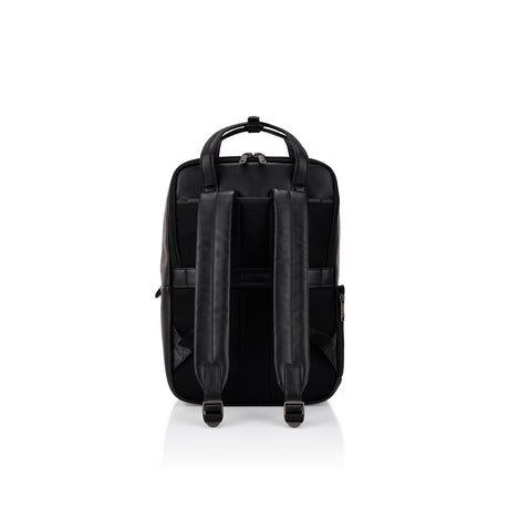 Black backpack shown from the back view on a clean white background.
