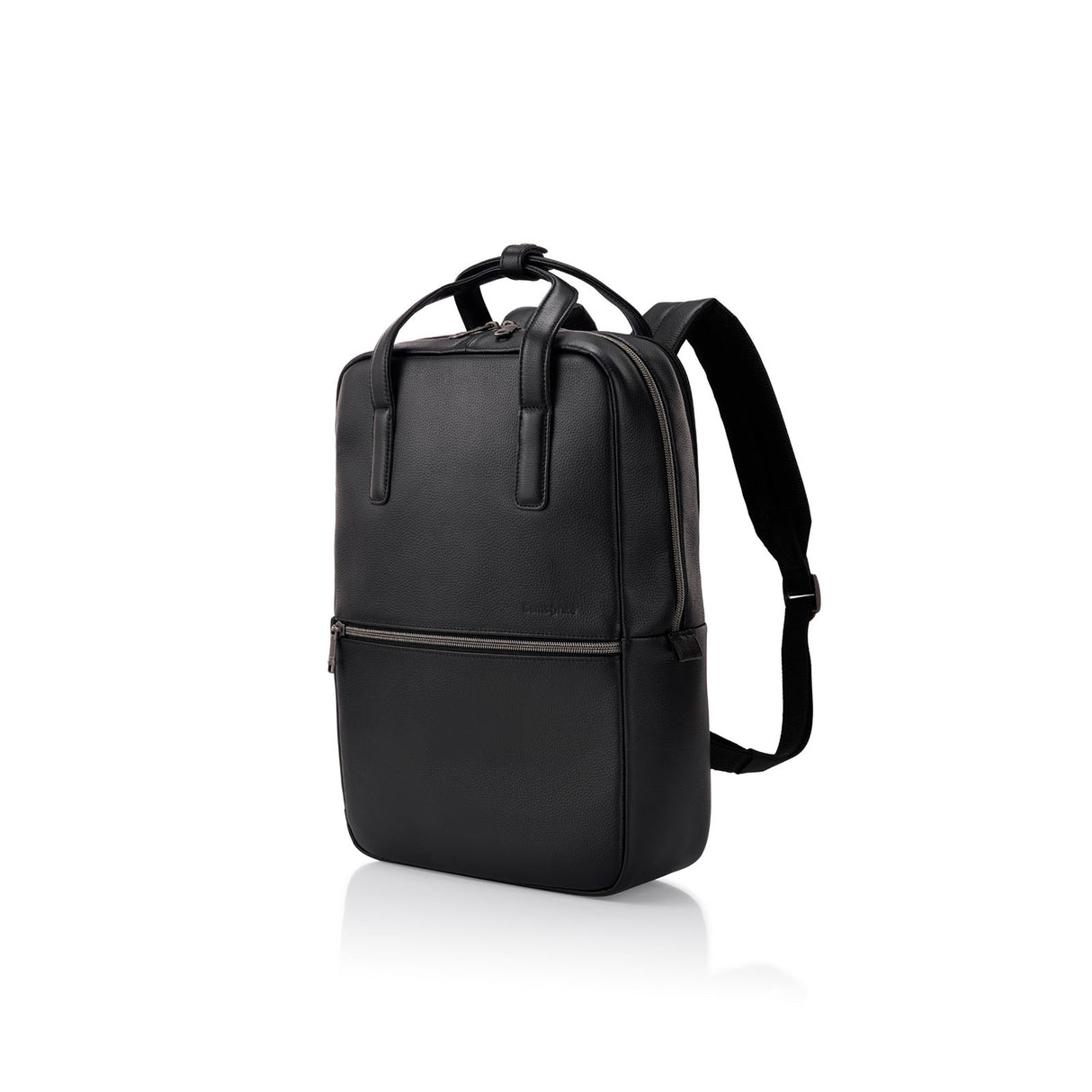 A black leather backpack with dual top handles, a front zippered pocket, and adjustable shoulder straps, shown from a three-quarter angle on a white background.