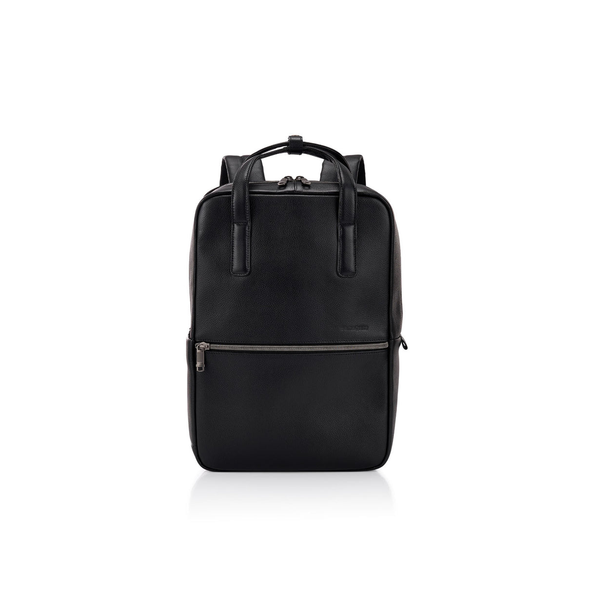 A black leather backpack with dual top handles, a front zippered pocket, and silver-tone hardware, photographed against a clean white background.