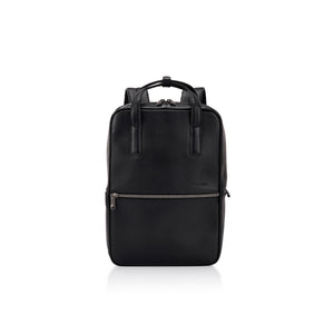 A black leather backpack with dual top handles, a front zippered pocket, and silver-tone hardware, photographed against a clean white background.