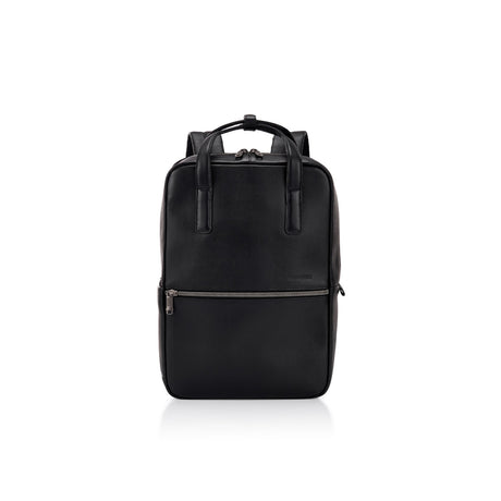 A black leather backpack with dual top handles, a front zippered pocket, and silver-tone hardware, photographed against a clean white background.