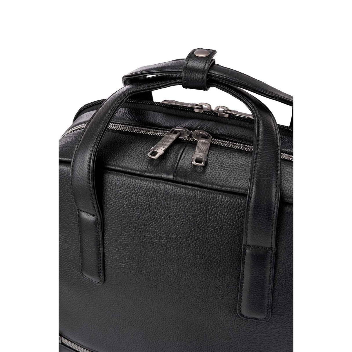 Close-up of a black pebbled leather bag with dual top handles, zipper closures, and silver-toned hardware on a plain white background.