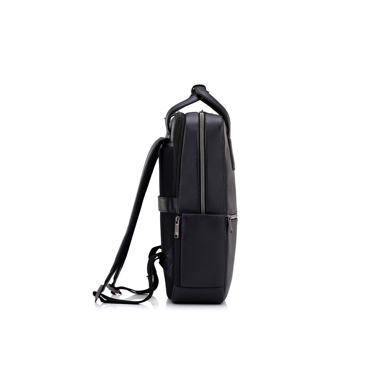 A black leather backpack shown from a side profile view against a solid white background.