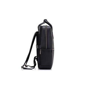 A black leather backpack shown from a side profile view against a solid white background.