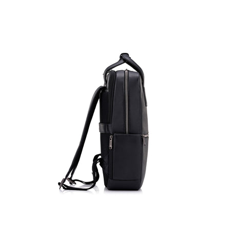 A black leather backpack shown from a side profile view against a solid white background.