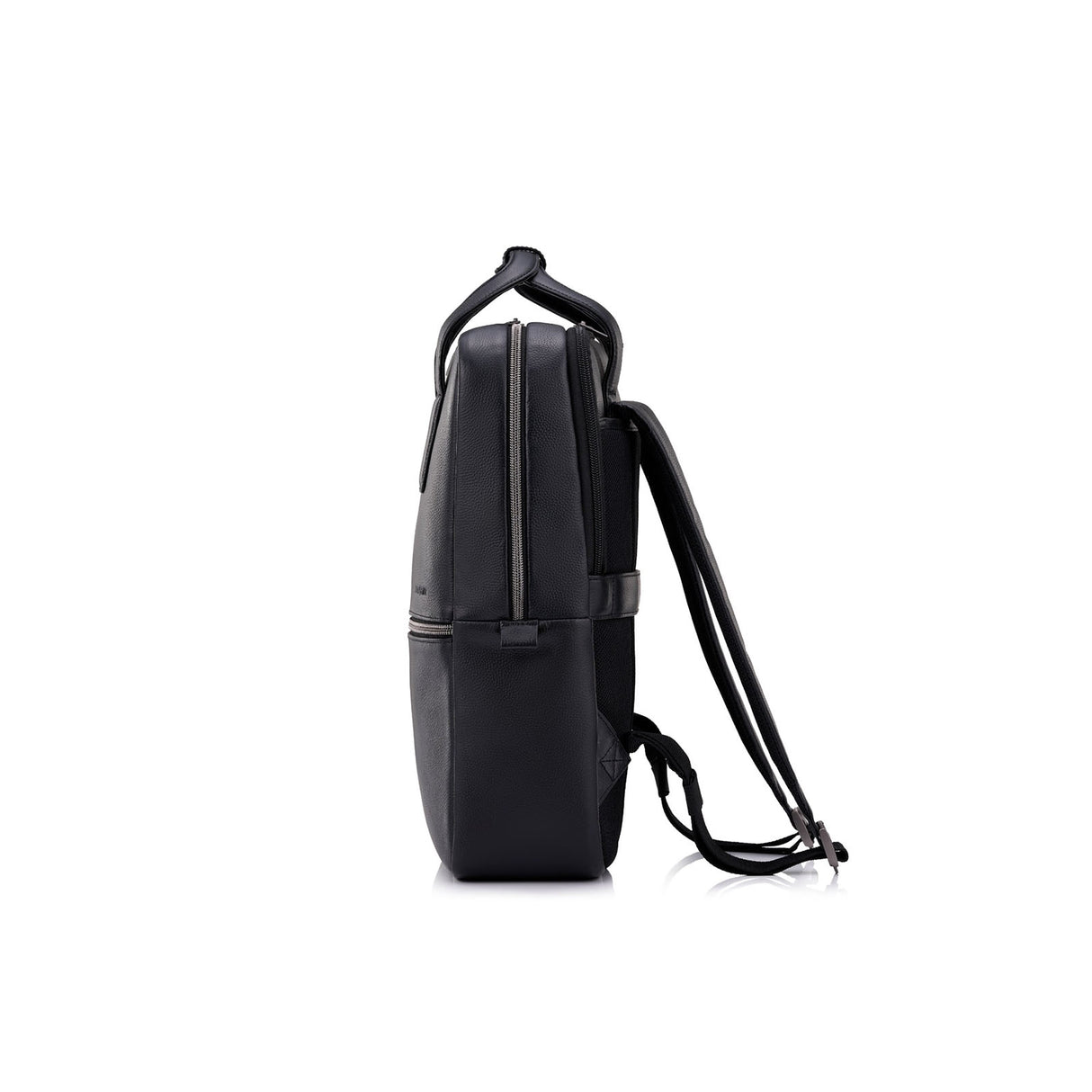 A black leather backpack shown from a side profile view against a solid white background.