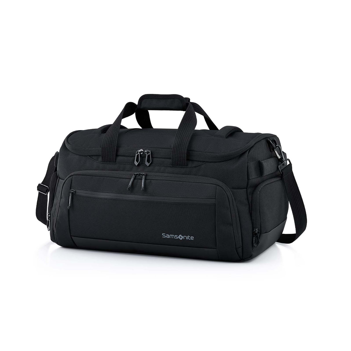 A black Samsonite duffel bag with multiple zippered pockets, top carry handles, and a detachable shoulder strap, photographed on a clean white background.