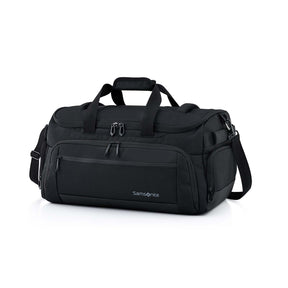 A black Samsonite duffel bag with multiple zippered pockets, top carry handles, and a detachable shoulder strap, photographed on a clean white background.