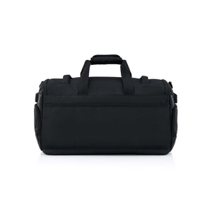 A black duffel bag with dual top handles and side pockets, photographed from the front on a clean white background.
