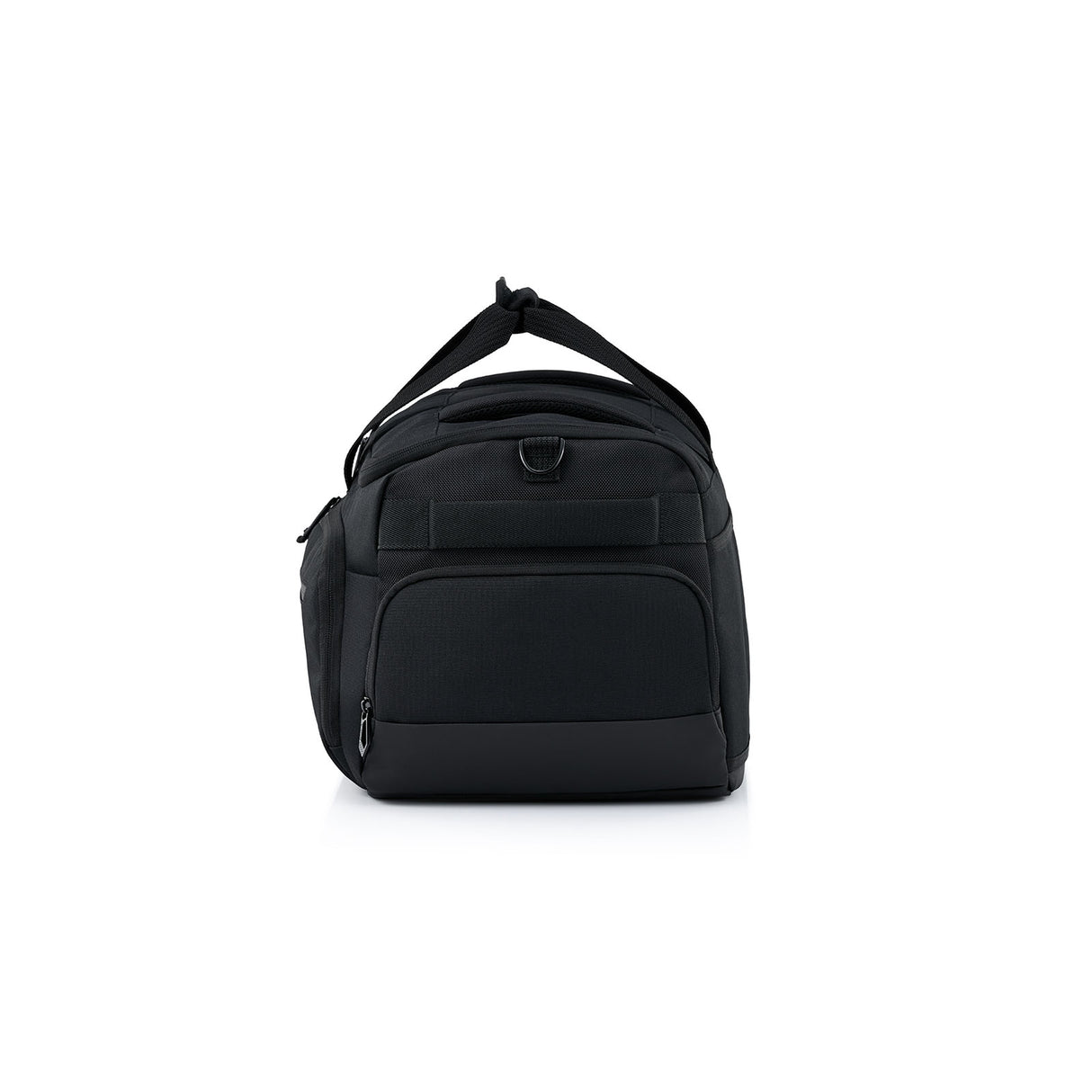 A black duffle bag with a top handle, shown from the front on a clean white background.