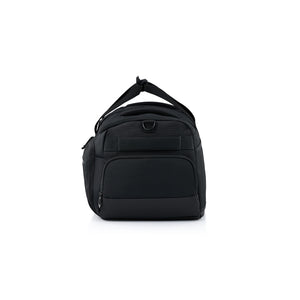 A black duffle bag with a top handle, shown from the front on a clean white background.