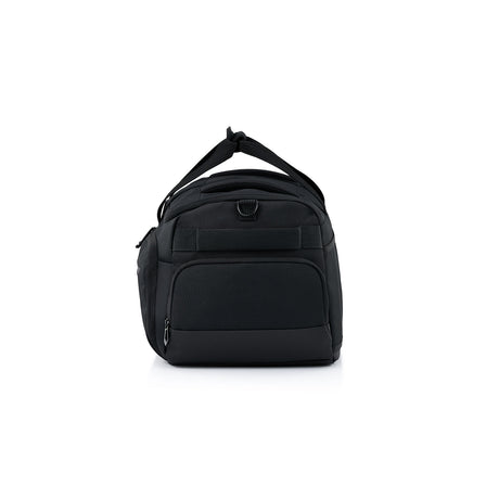 A black duffle bag with a top handle, shown from the front on a clean white background.