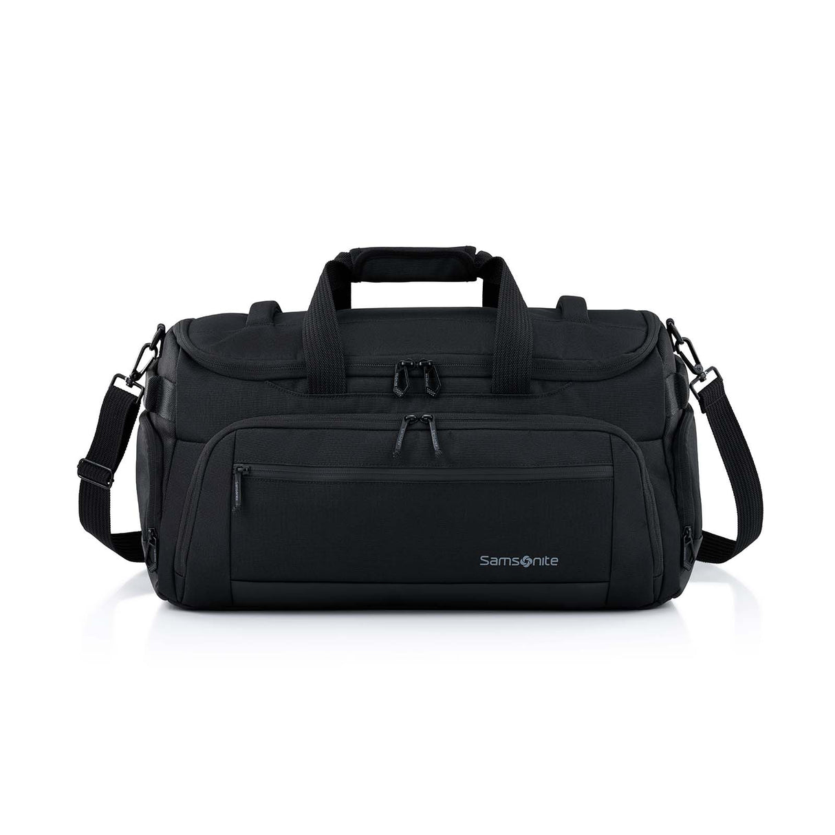 A black Samsonite duffel bag with top handles, a front zippered pocket, and an adjustable shoulder strap, photographed on a clean white background.