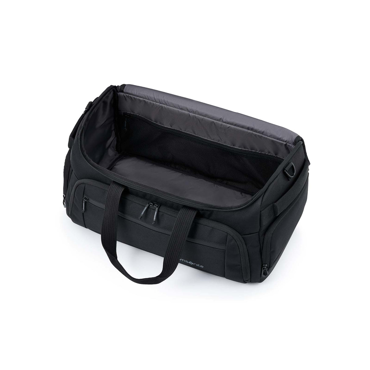 A black duffel bag shown open to display its interior, featuring dual top handles, zippered compartments, and a padded shoulder strap on a clean white background.