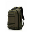 An olive green tactical backpack with black zippers, straps, and bottom panel, shown from a three-quarter angle on a white background.