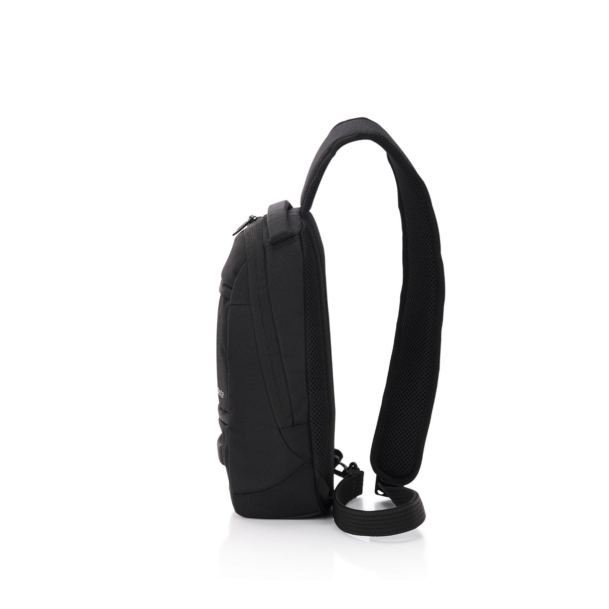 A black sling backpack shown from a side profile view against a solid white background.