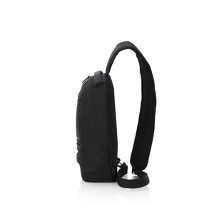A black sling backpack shown from a side profile view against a solid white background.