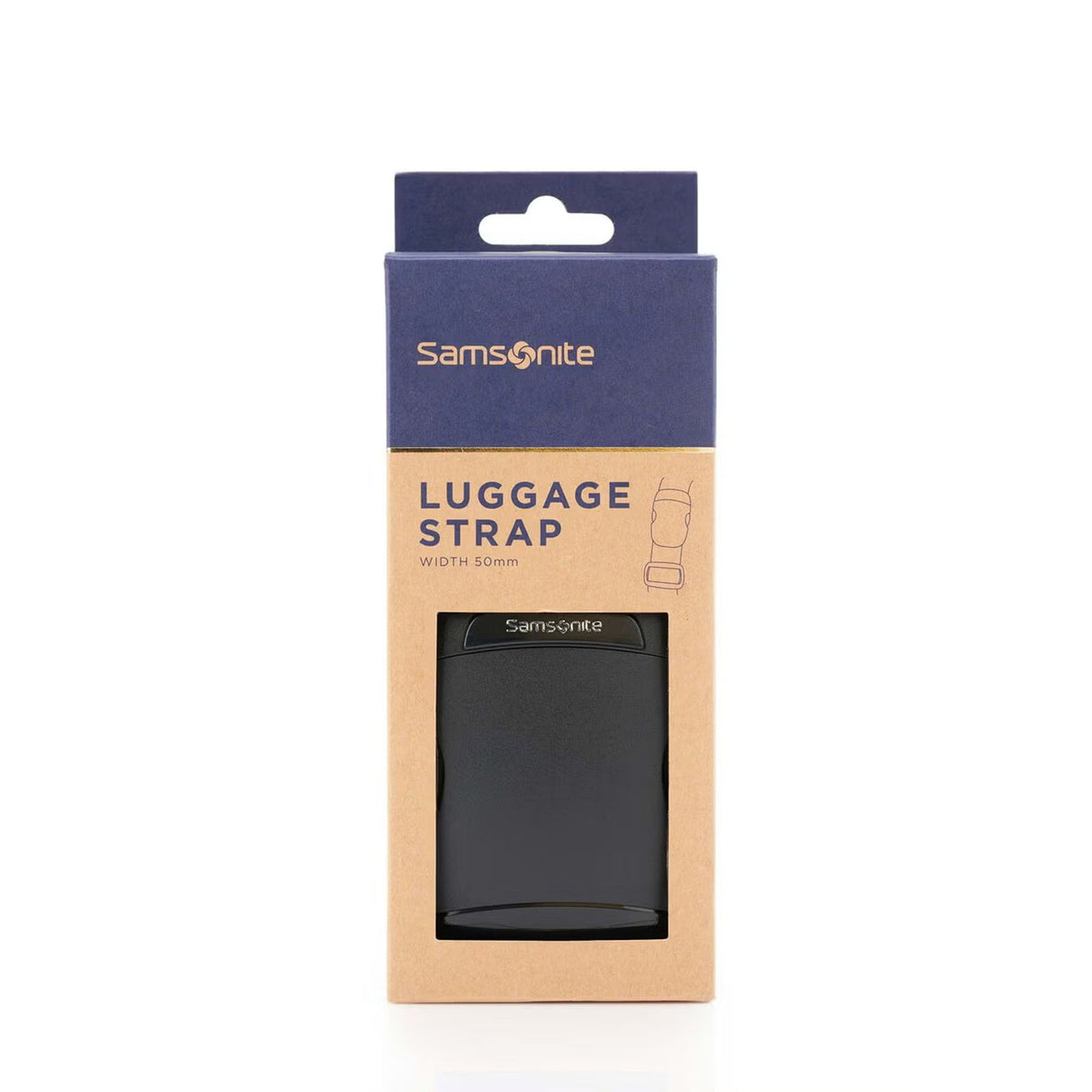 Samsonite Luggage Strap 50mm in its original retail packaging, featuring a dark gray strap visible through a clear window on a brown kraft box with a navy blue header.
