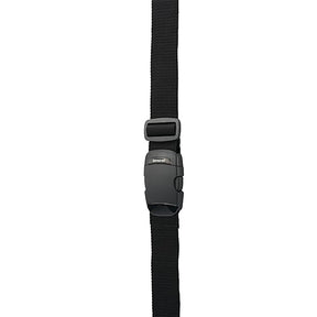 A black nylon webbing strap with a dark gray quick-release plastic buckle, shown vertically against a plain white background.