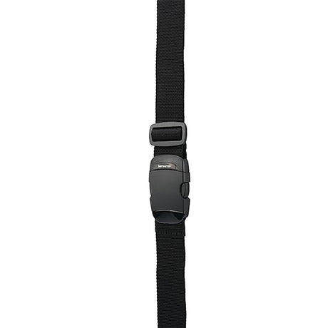 A black nylon webbing strap with a dark gray quick-release plastic buckle, shown vertically against a plain white background.