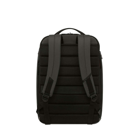 The back view of a dark green backpack with padded, textured shoulder straps and a top carry handle, shown against a plain white background.