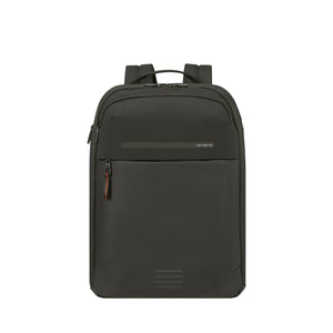 A dark green Samsonite backpack with a top handle, front zippered pocket, and subtle orange accent on the zipper pull, shown against a plain white background.