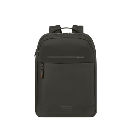 A dark green Samsonite backpack with a top handle, front zippered pocket, and subtle orange accent on the zipper pull, shown against a plain white background.