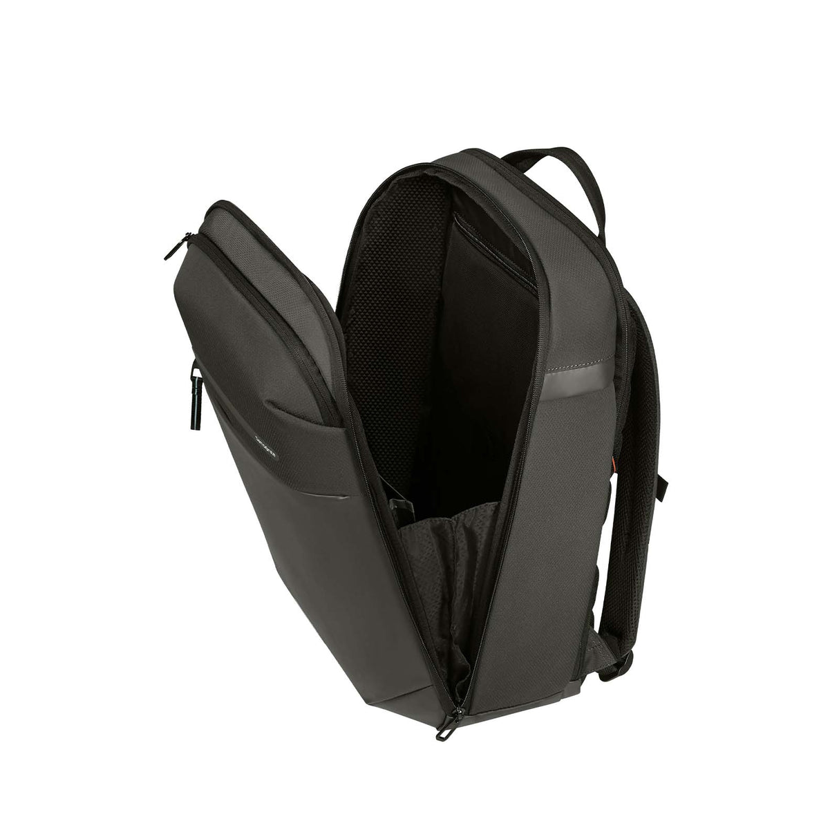 A dark Green backpack shown open from a three-quarter angle, displaying its interior compartments, mesh pocket, and padded shoulder straps against a solid white background.