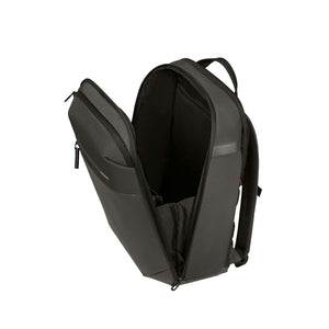 A dark Green backpack shown open from a three-quarter angle, displaying its interior compartments, mesh pocket, and padded shoulder straps against a solid white background.