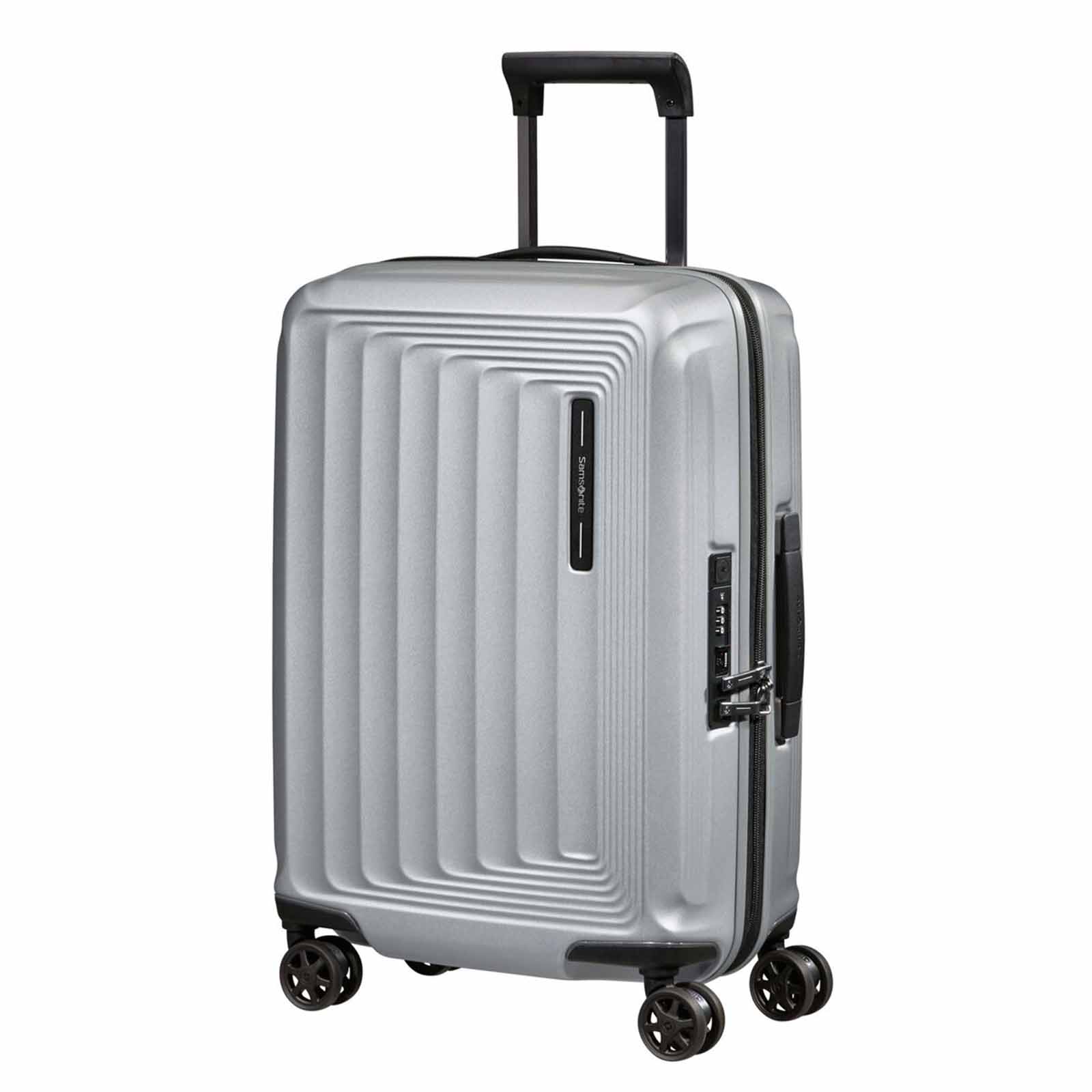 Samsonite-Nuon-55cm-Carry-On-Suitcase-Matt-Silver-Front-Angle