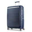 A navy blue hardshell spinner suitcase with a ribbed front panel and silver zippers, shown on a clean white background.