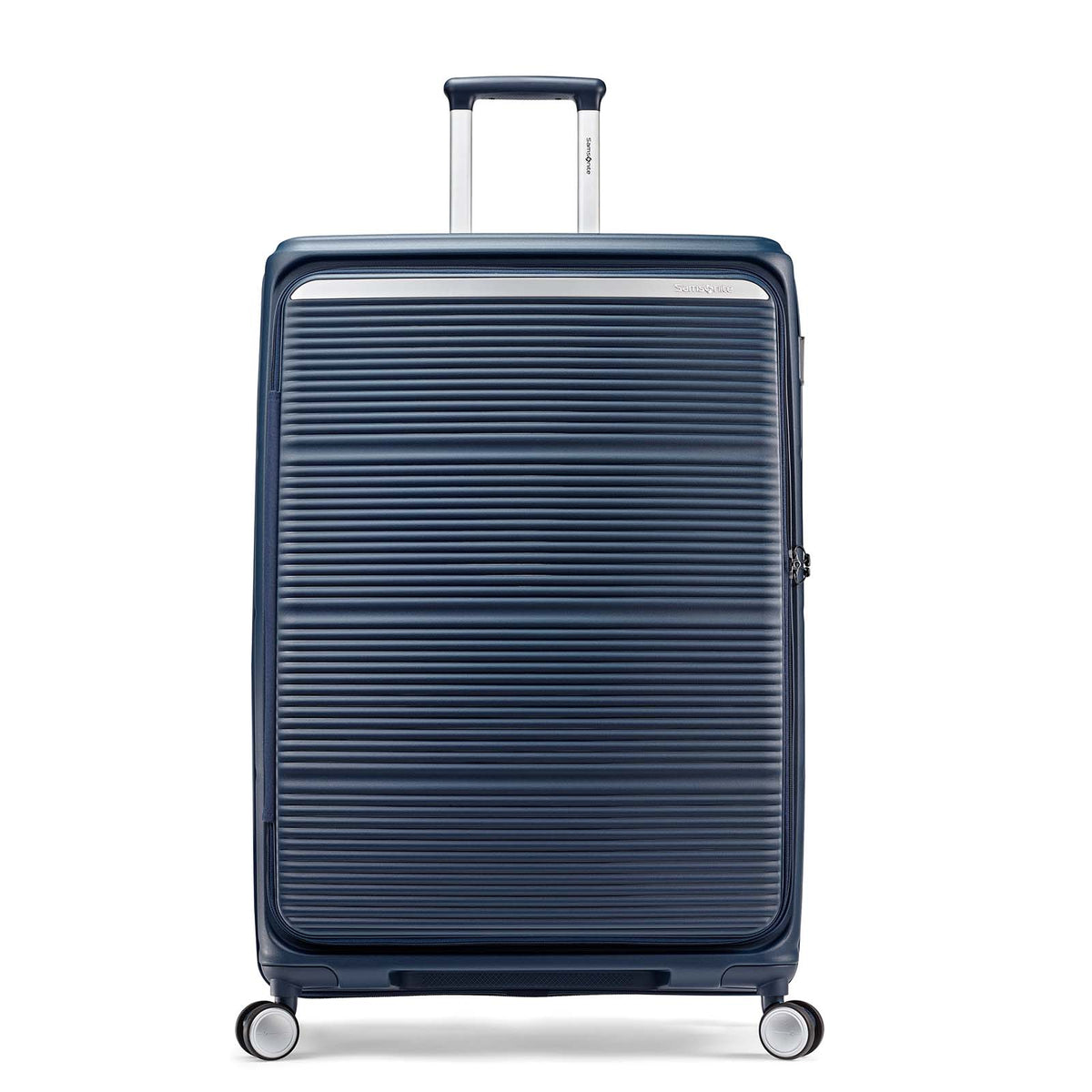 A navy blue hardshell spinner suitcase with a ribbed front panel and four wheels, shown on a clean white background.