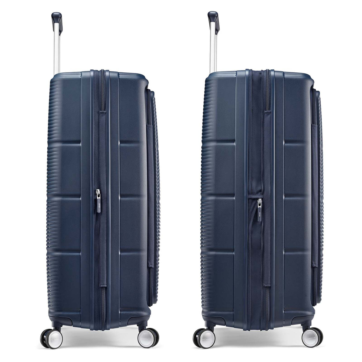 Two navy blue hard-shell spinner suitcases shown side by side on a clean white background.
