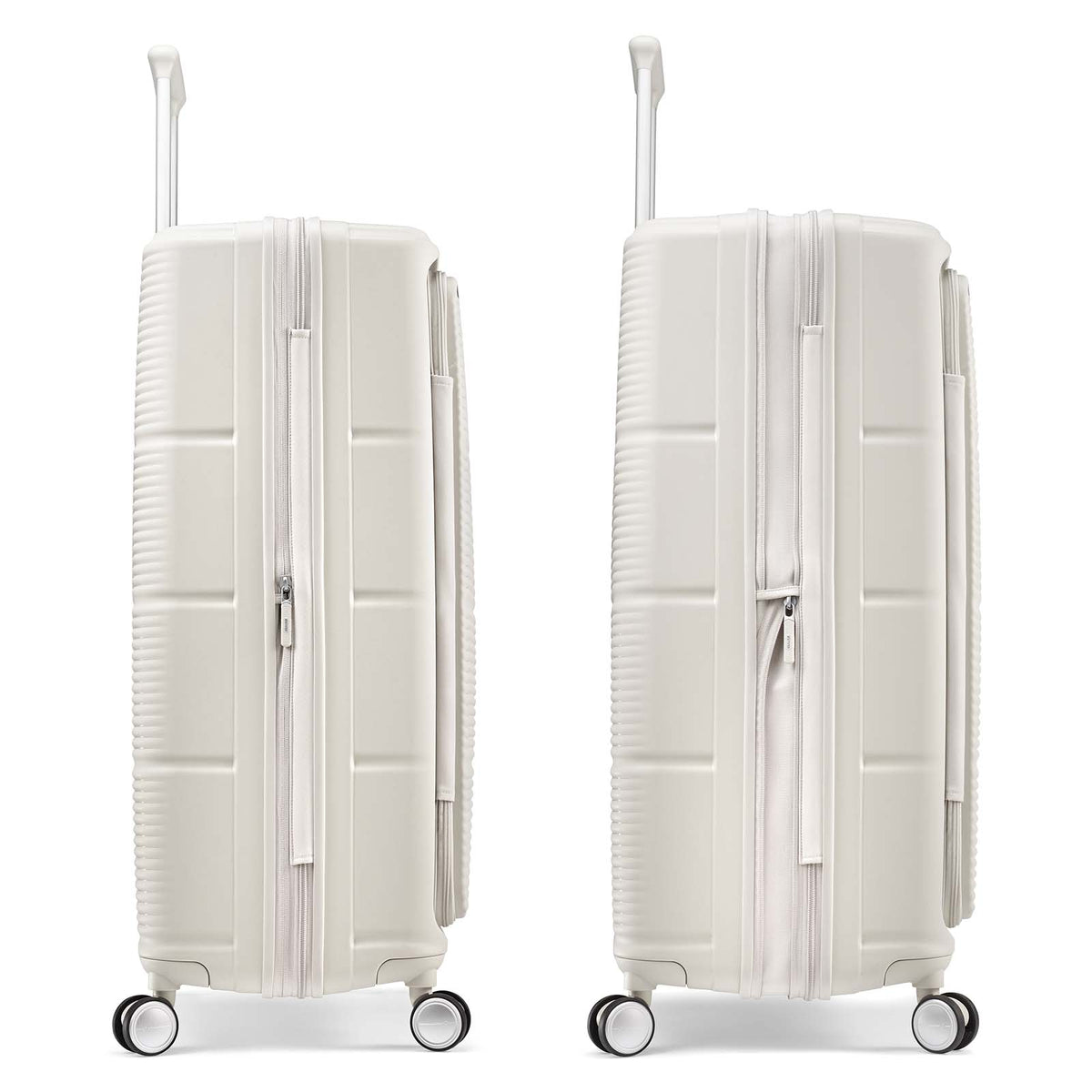 Two hard-shell spinner suitcases in a light warm off-white color, shown side by side against a plain white background.
