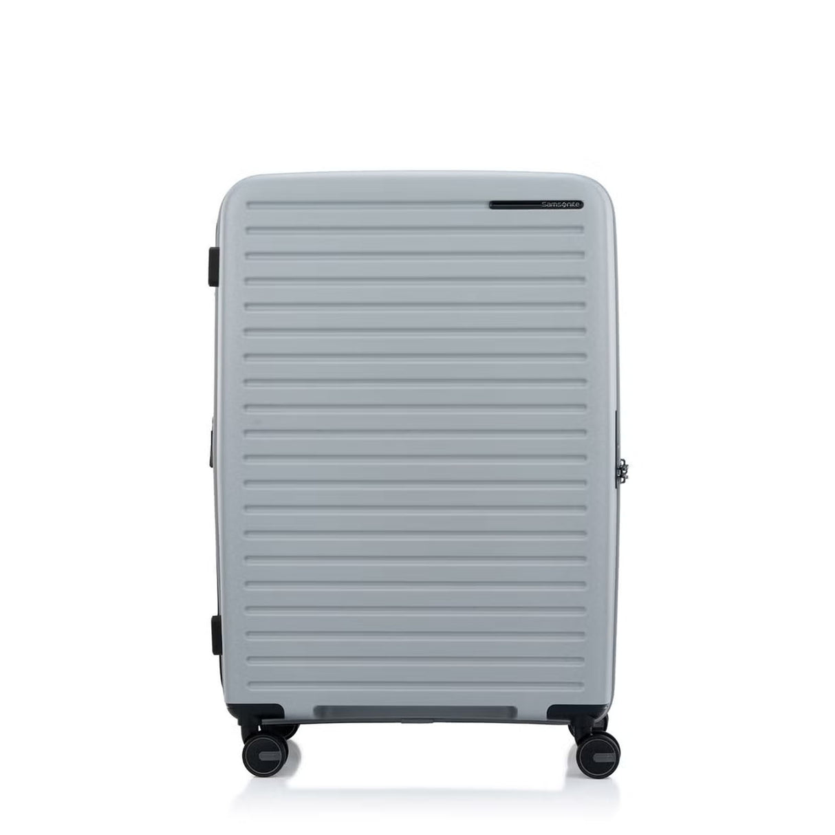 Samsonite Titanium colour suitcase with a textured surface on a white background