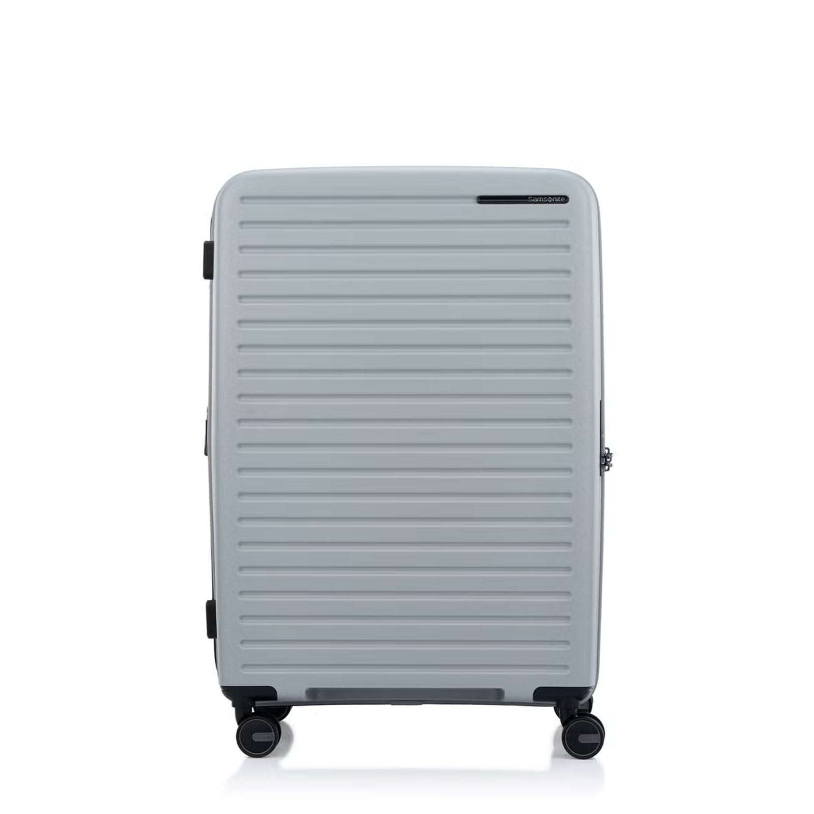 Samsonite Titanium colour suitcase with a textured surface on a white background