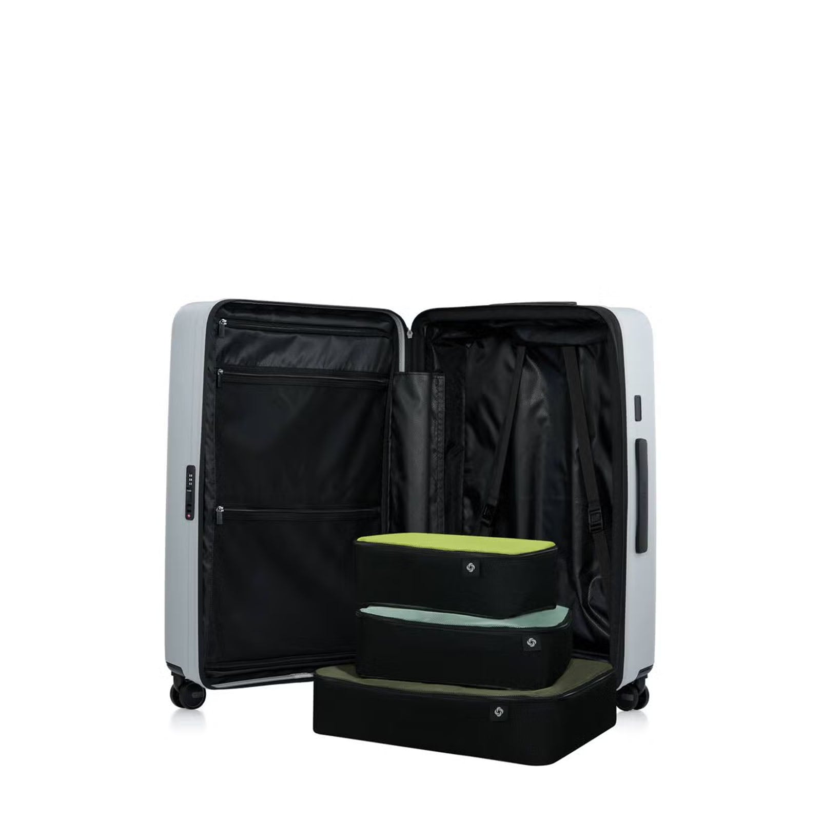 Samsonite Titanium colour suitcase with a green interior on a white background