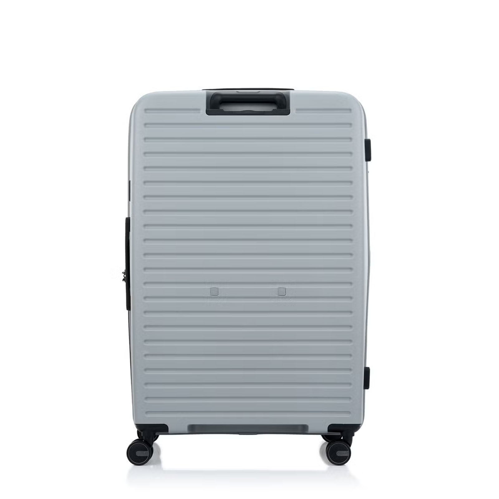 Samsonite Titanium colour suitcase with wheels on a white background