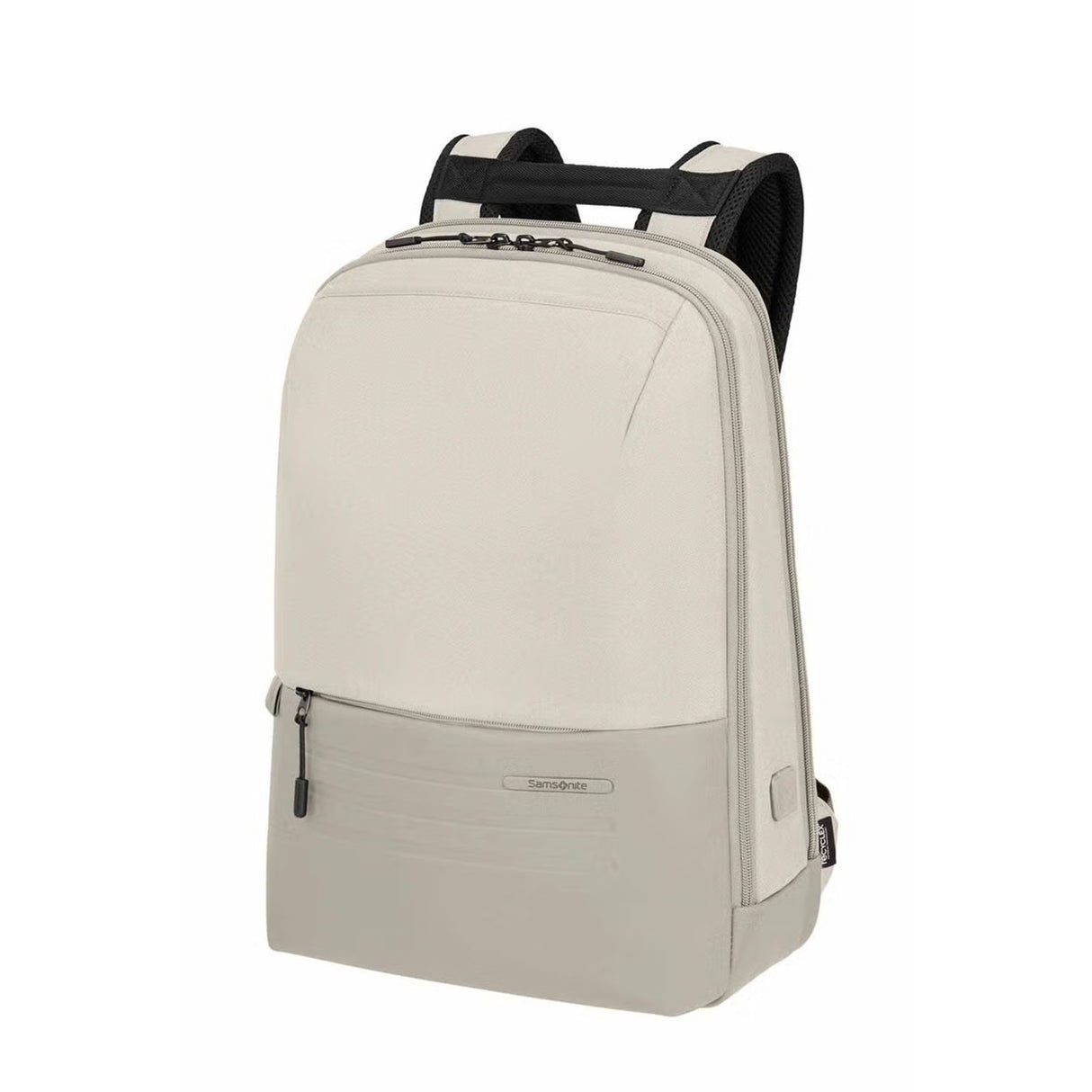 A light beige backpack with black mesh shoulder straps and black zipper pulls, shown from a three-quarter angle on a solid white background.