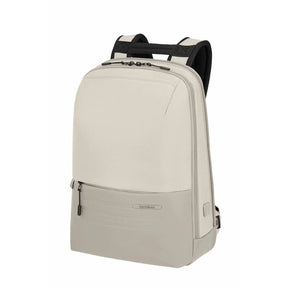 A light beige backpack with black mesh shoulder straps and black zipper pulls, shown from a three-quarter angle on a solid white background.