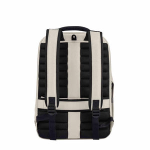 The back view of a backpack featuring a cream-colored fabric body with prominent black mesh ventilation panels and dark navy straps, shown against a plain white background.