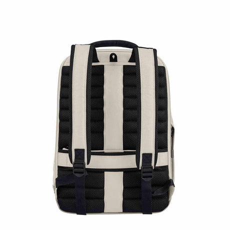 The back view of a backpack featuring a cream-colored fabric body with prominent black mesh ventilation panels and dark navy straps, shown against a plain white background.
