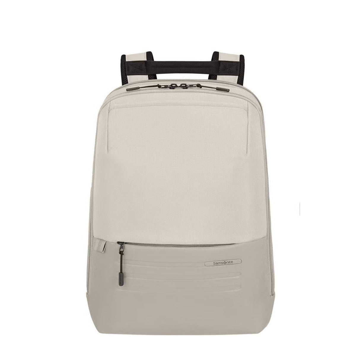 A light beige backpack with a front zippered pocket and black top handles, shown from the back on a solid white background.
