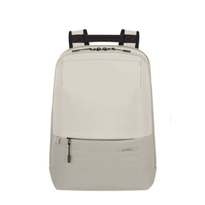 A light beige backpack with a front zippered pocket and black top handles, shown from the back on a solid white background.