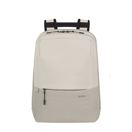 A light beige backpack with a front zippered pocket and black top handles, shown from the back on a solid white background.