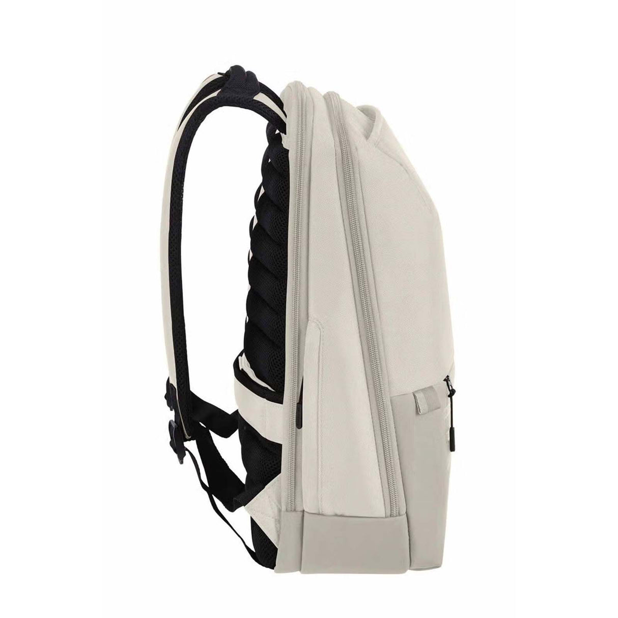 A light beige backpack shown from a side profile view, featuring black padded shoulder straps and a black side pocket, set against a plain white background.