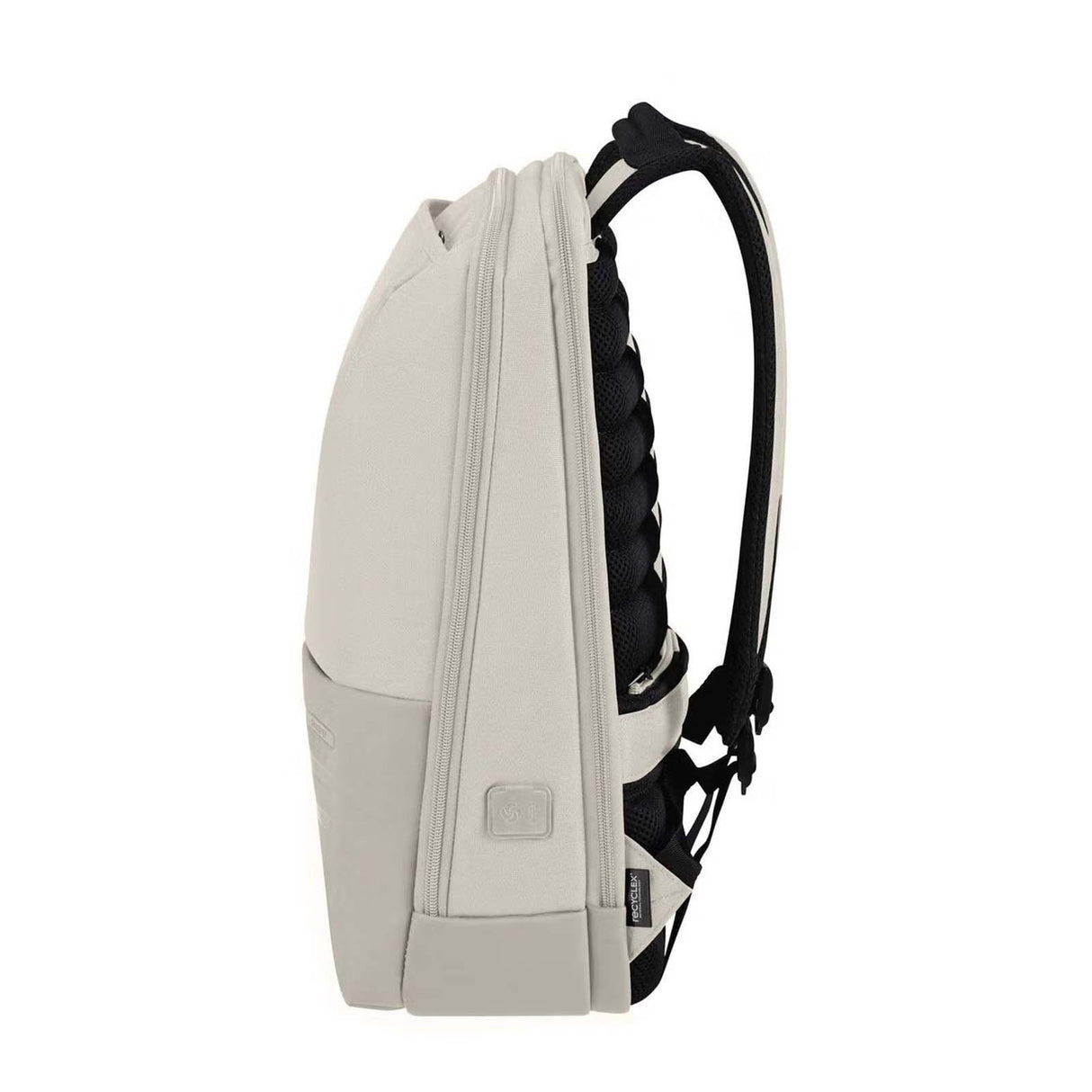 A light gray backpack shown from the side profile against a solid white background, featuring black and gray padded shoulder straps.