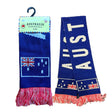 Blue scarf with 'AUSTRALIA' and Australian flag design, displayed with packaging on a white background.