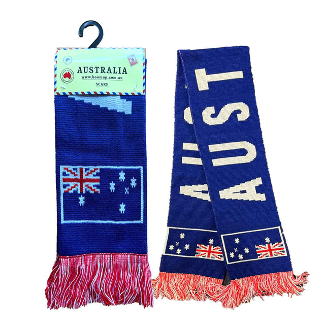 Blue scarf with 'AUSTRALIA' and Australian flag design, displayed with packaging on a white background.